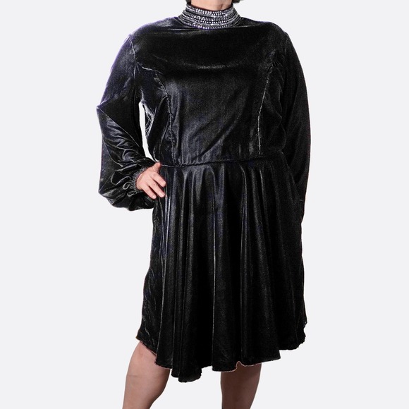 ASOS Dresses & Skirts - ASOS‎ Velvet Midi Dress Black Crystal Pearl High Neck Balloon Sleeve Plus 1X XL